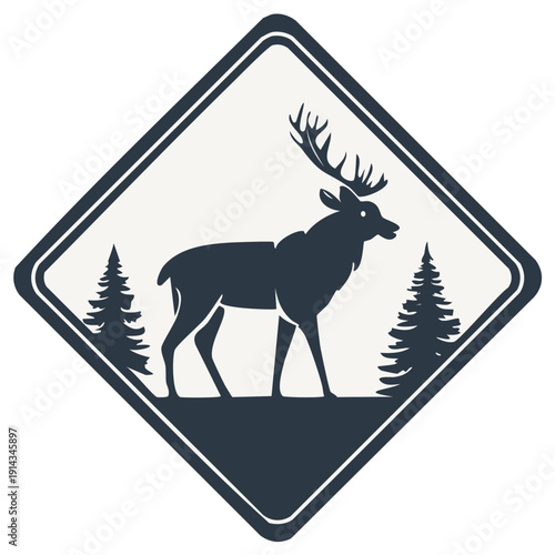 Majestic stag silhouetted against pine trees in a diamond emblem emblem symbolizing wilderness and nature