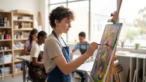 Teen artist paints colorful painting. Painting class in bright studio, brush on canvas, students learn creativity for back to school season, summer camp workshop, modern education concept
