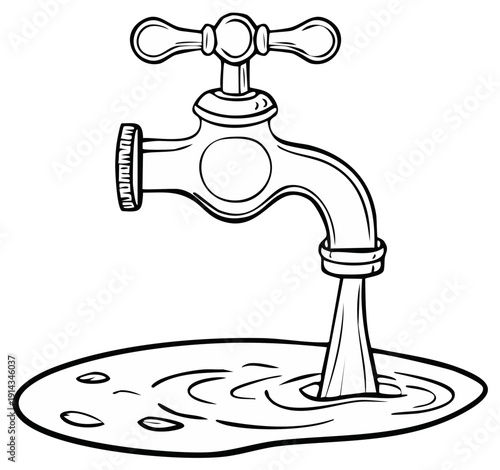 Cartoon water tap pouring water into a puddle