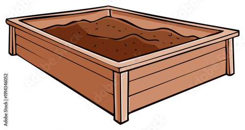 Cartoon illustration of a wooden raised garden bed filled with fresh brown soil.