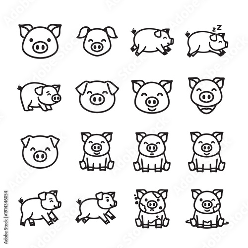 Cute Pig Icons Set: Various Poses and Expressions for Farm or Animal Themes