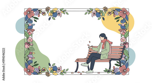 Woman Sitting on Park Bench in Floral Frame, Spring Season Vibes
