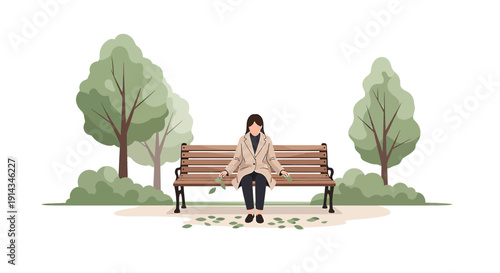 Woman Sitting on Park Bench Surrounded by Trees, Autumn Leaves Falling