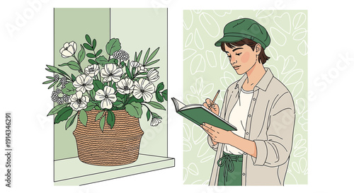 Woman Sketching Flowers, Basket of White Blooms, Botanical Art Inspiration