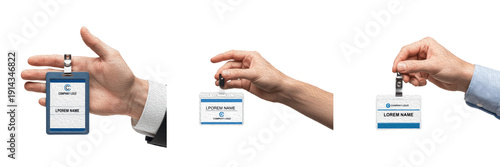 Fotografija Set and collection of a hand holding professional ID card badges in three differ