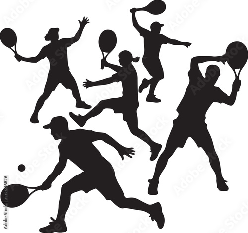 Tennis Players Silhouette Set – Men and Women Playing Tennis Black and White Vector Collection