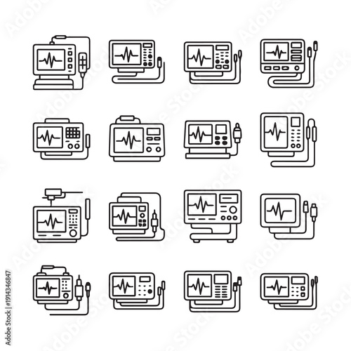 ECG Monitor Icons Set, Medical Device Line Art Collection, Cardiology Equipment Symbols