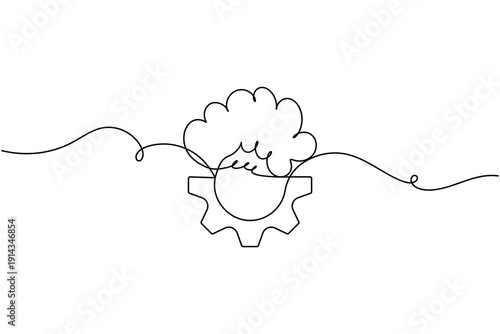 Gear with AI brain icon continuous one line drawing on white background minimalist intelligent technology gear symbol outline vector illustration