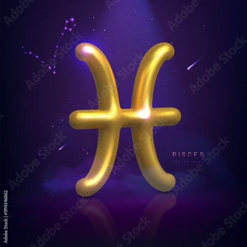 3d golden magic astrology Pisces zodiac sign and constellation on space background. Vector illustration