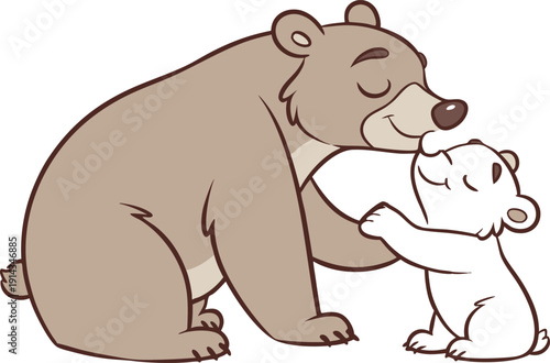 Brown bear hugging small white bear cub affectionately wildlife
