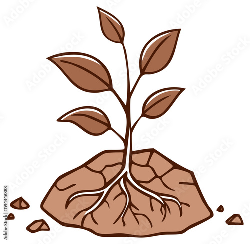 Young plant seedling growing with roots in brown soil, cartoon illustration