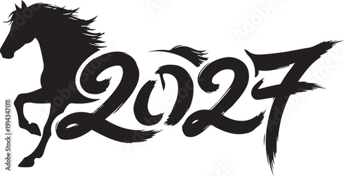 A stylized horse head and the year 2027 in a unique, artistic font.