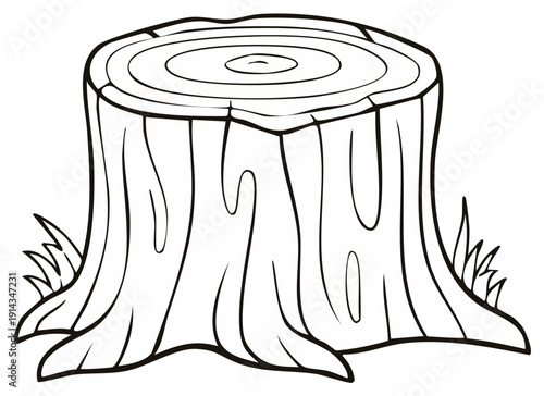 Black and white illustration of a tree stump with grass.