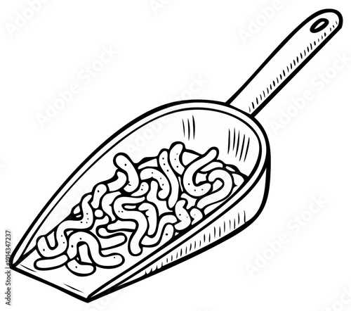 Hand drawn illustration of a scoop filled with small curled pasta shapes