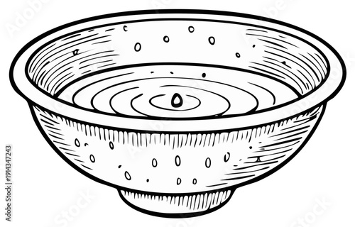 Vintage style hand drawn illustration of a kitchen colander filled with water and a splashing drop