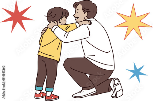 Man and child embracing with colorful stars in background embrace kneeling