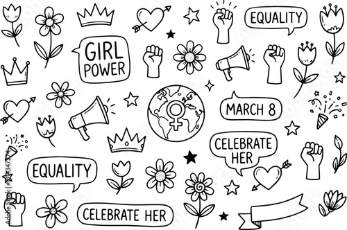 international women's day doodle set with girl power, equality, flowers, megaphones, fists, crowns, and empowering symbols celebrating women on march 8