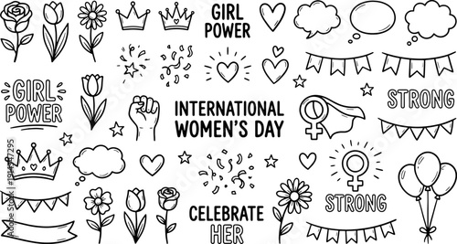 international women's day doodle set featuring girl power, strong women, flowers, crowns, balloons, hearts, banners, and empowering messages for gender equality