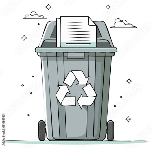Gray recycling bin with recycle symbol and paper on lid isolated on white background with stylized clouds and sparkles