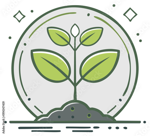 Green sprout growing in fertile soil protected by a transparent sphere representing growth and sustainability