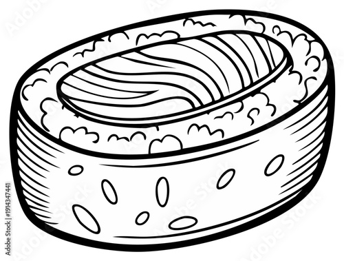 Ink drawing of a sushi roll with salmon on top, Japanese food illustration