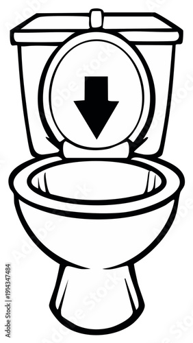 Instructional toilet sign with a down arrow for waste disposal black and white vector icon