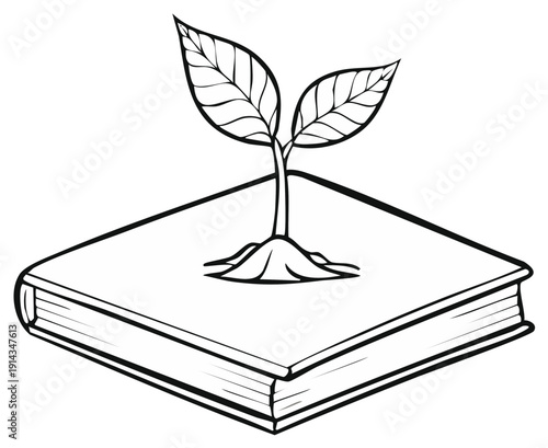 Sprout Growing From Book Outline, Education and Knowledge Metaphor, White Background
