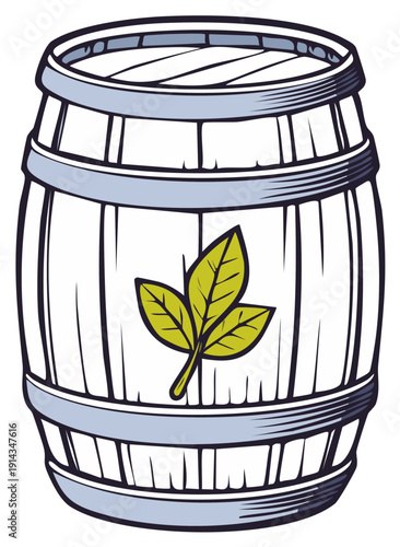 Vintage Wooden Barrel with Green Leaves Illustration