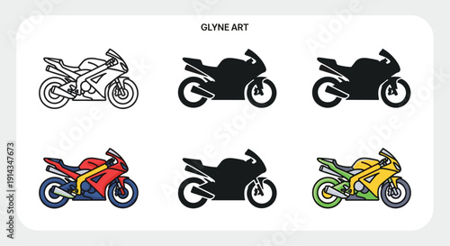 Collection of sports motorcycle icons presented in different styles including outline, solid fill, and colored versions for design.