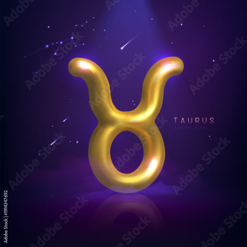 3d golden magic astrology Taurus zodiac sign and constellation on space background. Vector illustration