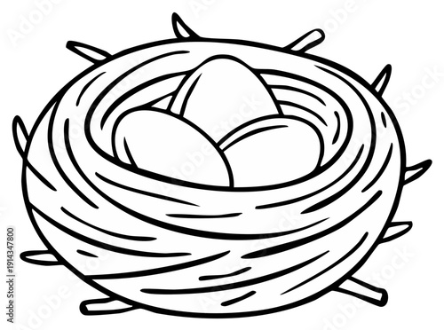 Bird Nest with Three Eggs Illustration Simple Line Art Style