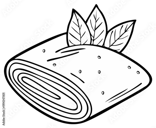 Hand drawn black and white illustration of a rolled crepe or rolled pancake with leaves