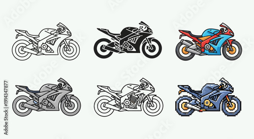 Six different stylized illustrations of a sport motorcycle, shown in outline, solid, colored, and pixel art variations.