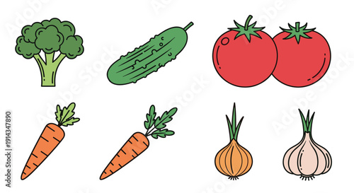 A collection of fresh vegetable icons featuring broccoli, cucumber, two red tomatoes, carrots, onion, and garlic on white.