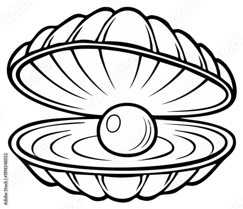 Open clam shell with shiny pearl in monochrome line art