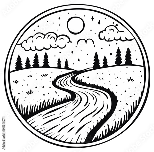 Scenic black and white illustration of a winding river, pine trees, and hills under a moonlit starry sky