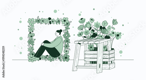 Woman Sitting in Floral Frame Beside Wooden Plant Stand with Flowers