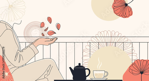 Woman Relaxing with Tea and Abstract Floral Elements, Gentle Pastel Colors