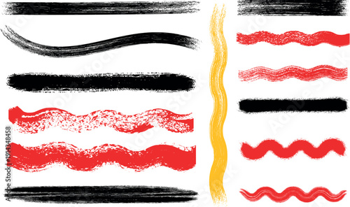 Collection of expressive brush strokes and wavy lines in red black and yellow
