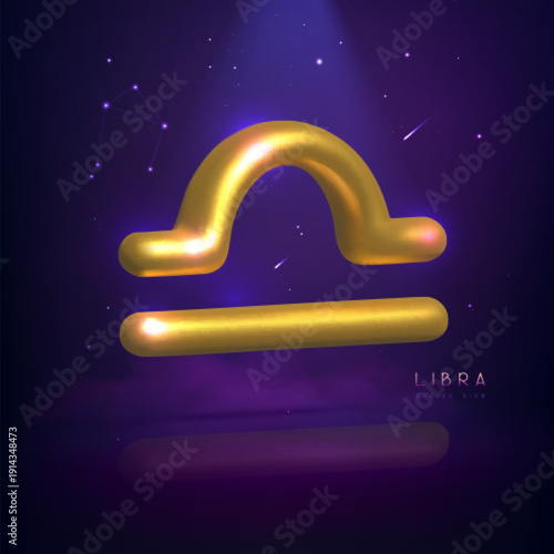 3d golden magic astrology Libra zodiac sign and constellation on space background. Vector illustration