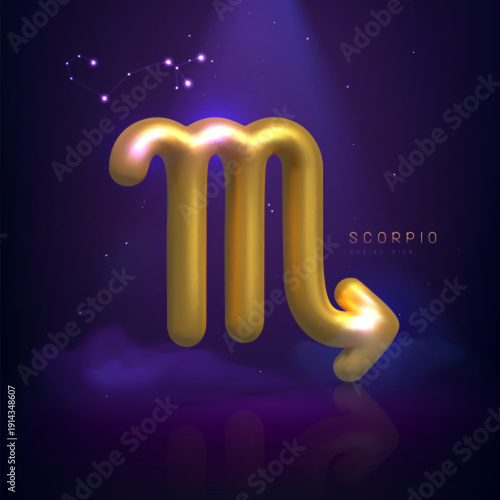 3d golden magic astrology Scorpio zodiac sign and constellation on space background. Vector illustration