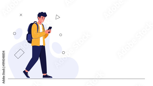 Young Man with Backpack Using Smartphone While Walking