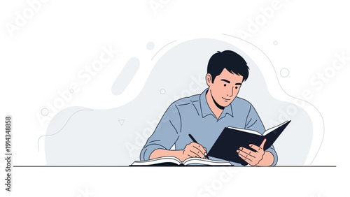 Young man studying, writing and reading book with focus, learning concept