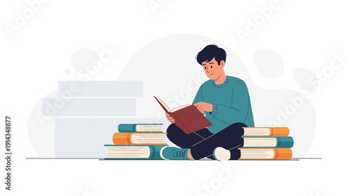Young man sitting cross-legged reading a book surrounded by stacks of books