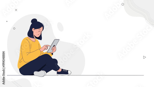 Young woman sitting and using a digital tablet, minimalist illustration