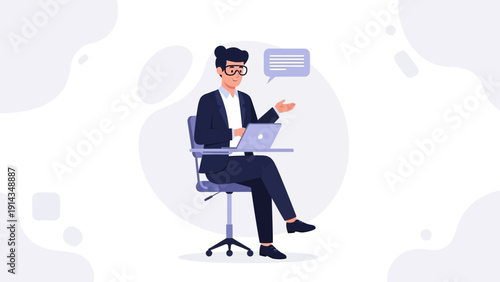 Businesswoman working on laptop, giving presentation, modern flat illustration