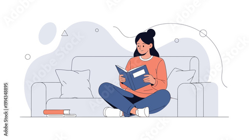 Young Woman Reading Book on Sofa, Relaxing Lifestyle Illustration