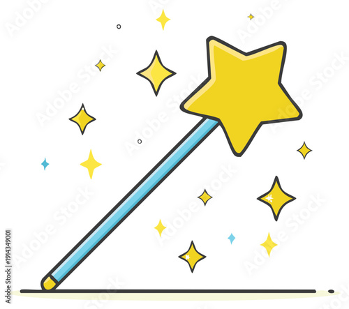 Cartoon magic wand with a star tip and glittering sparkles illustration