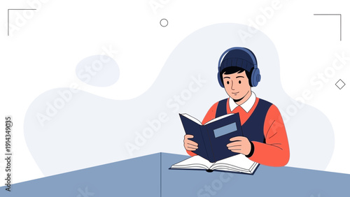 Young boy wearing headphones reading a book, educational concept illustration