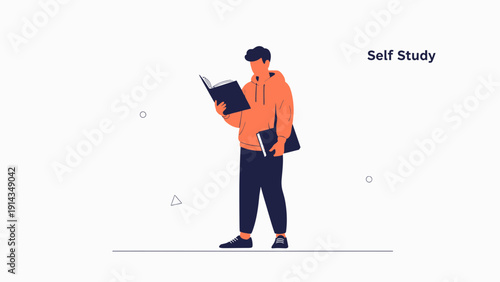 Young man reading book, self study concept, flat illustration